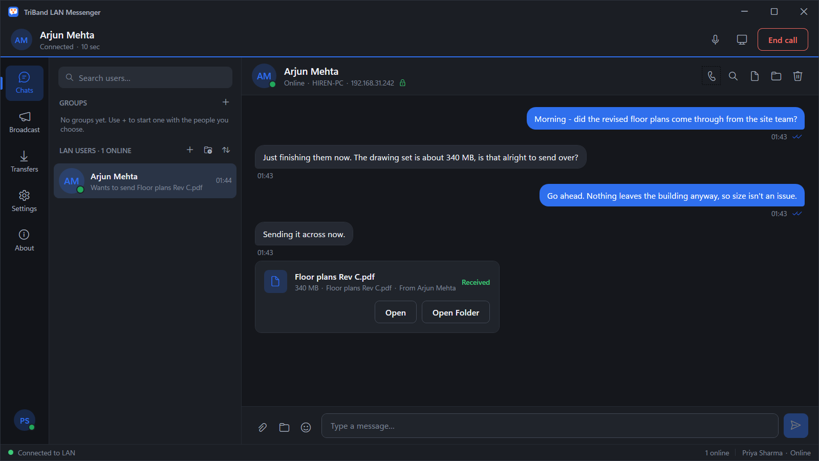TRIBAND LAN Messenger showing a voice call in progress alongside the chat history and a completed file transfer