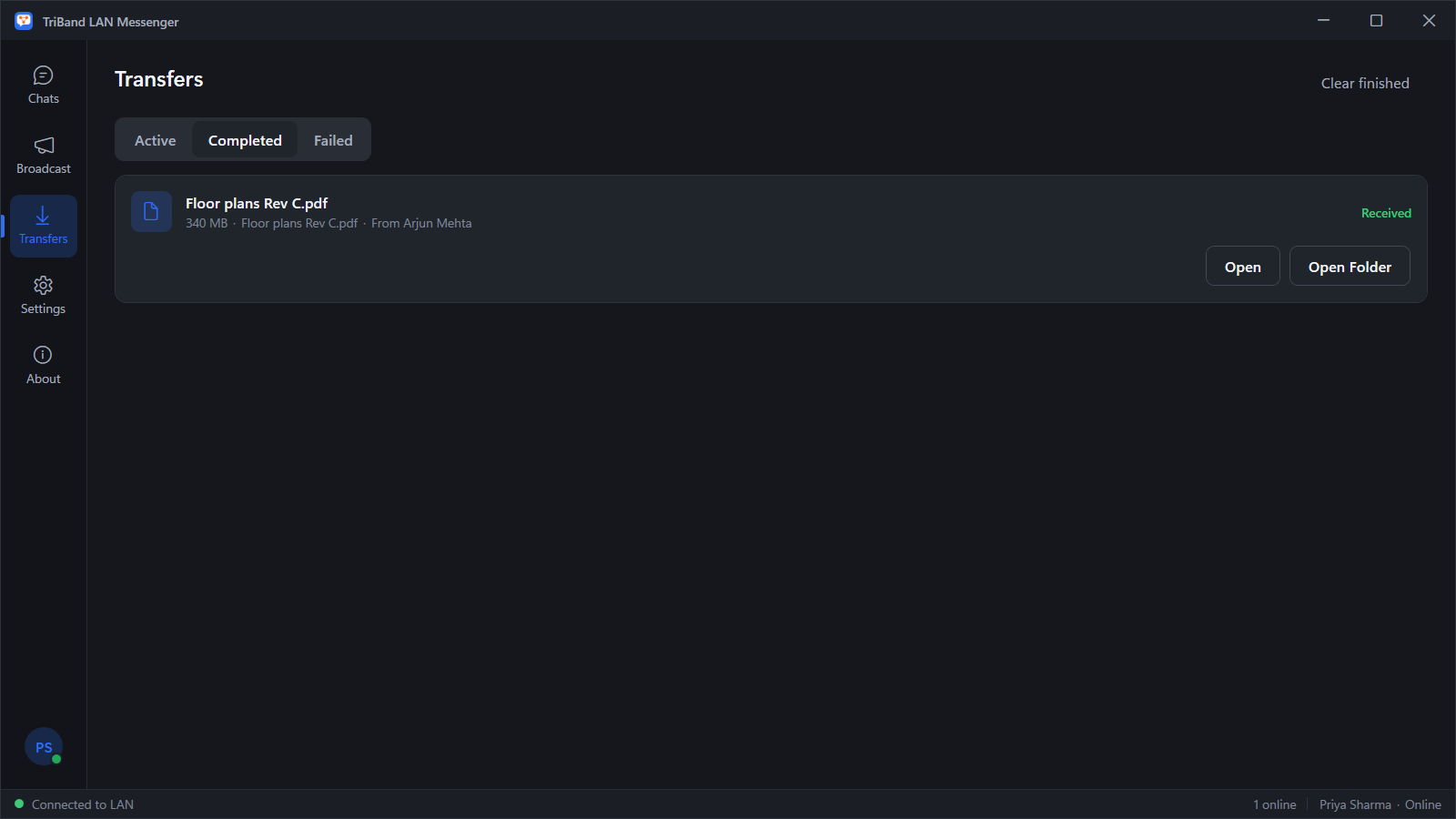 The transfers view showing a 340 MB file received and verified